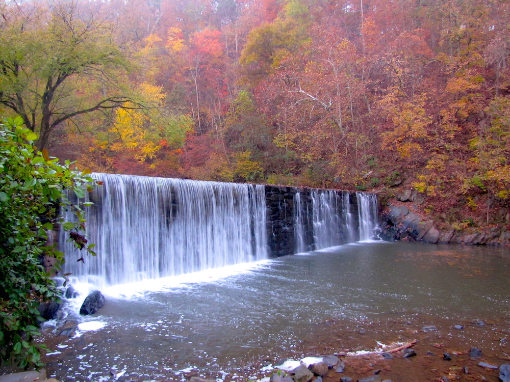 Lynchburg parks and recreation, Hollins Mill Park Dam in fall